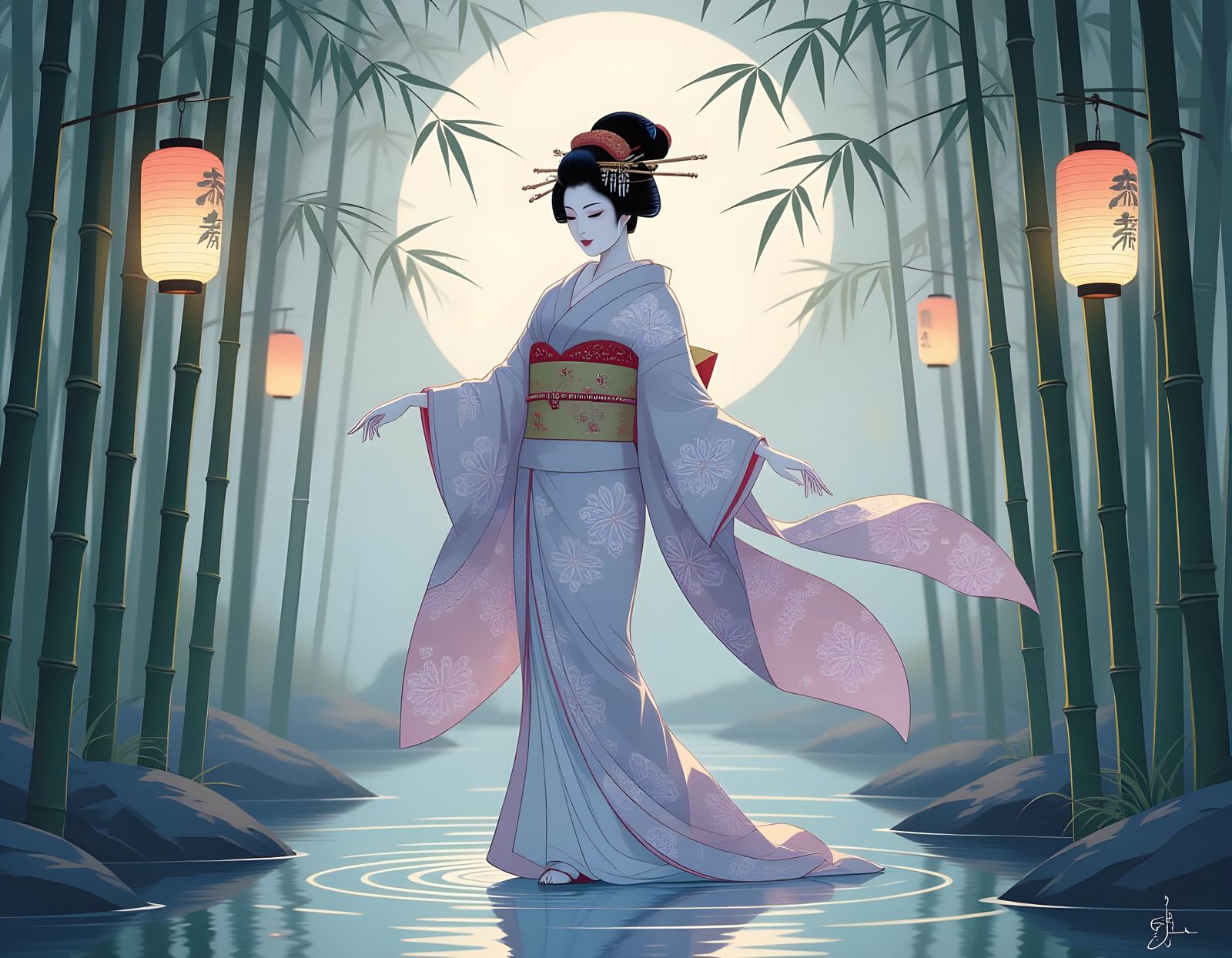 Ethereal Geisha Dances in Moonlit Bamboo Forest