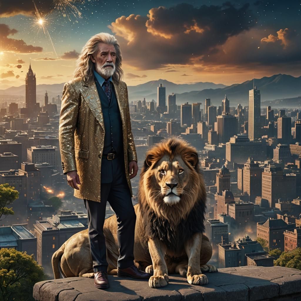 Lion and Old Man: Dramatic Maximalist Digital Painting