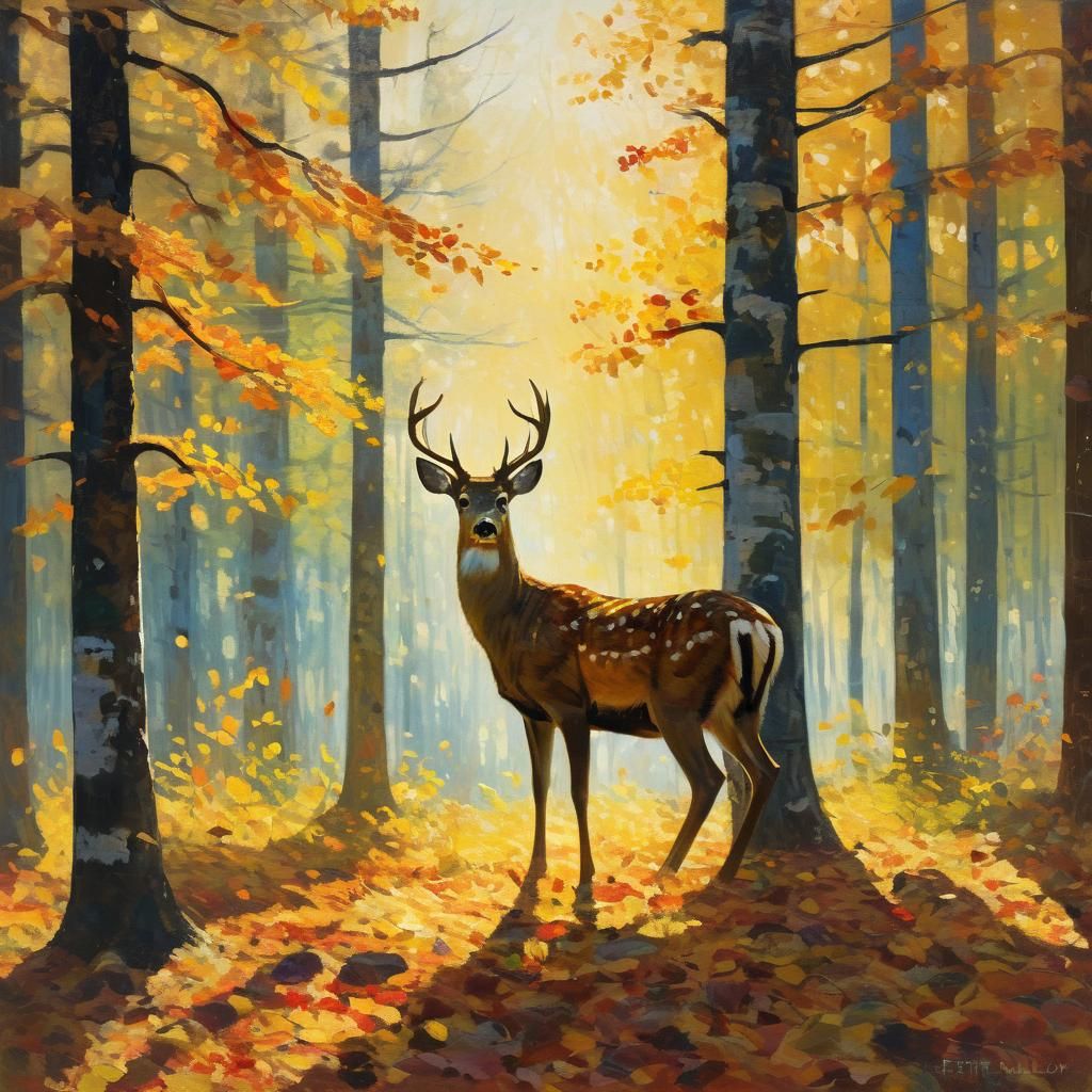 Deer Silhouette in Autumn Forest Oil Painting