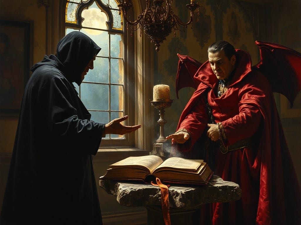 Gothic Oil Painting: Vampire Pact in Chiaroscuro Light
