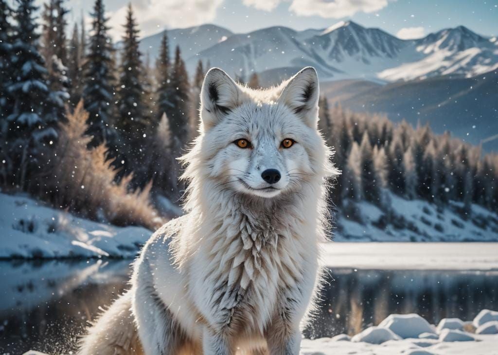 Siberian Winter Landscape with White Fox