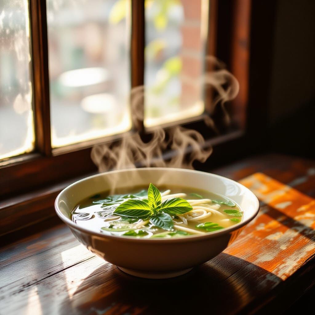 Steaming Pho with Herbs in Golden Light