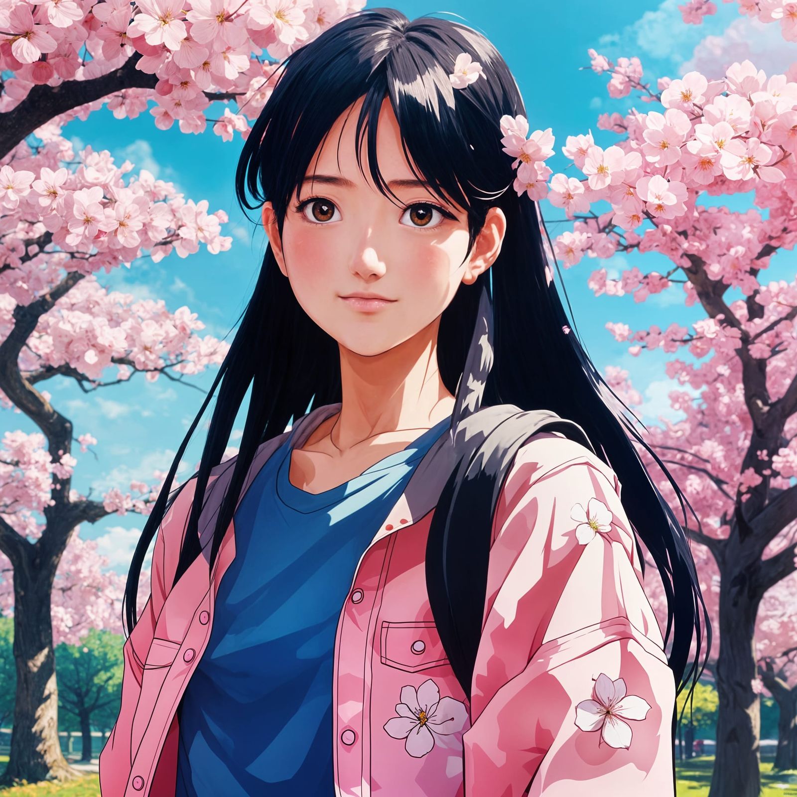 Anime Woman in Cherry Blossom Park