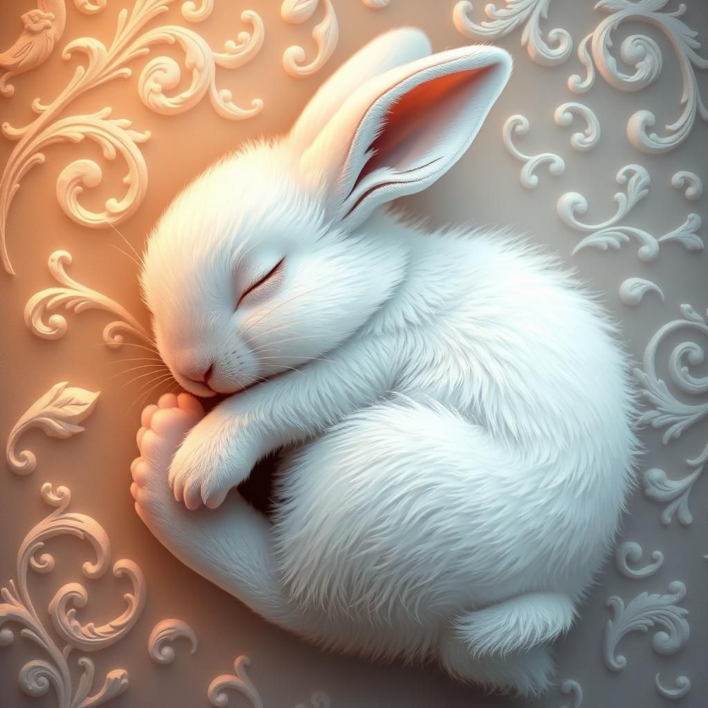 Sleeping White Rabbit in Rococo Digital Art Style