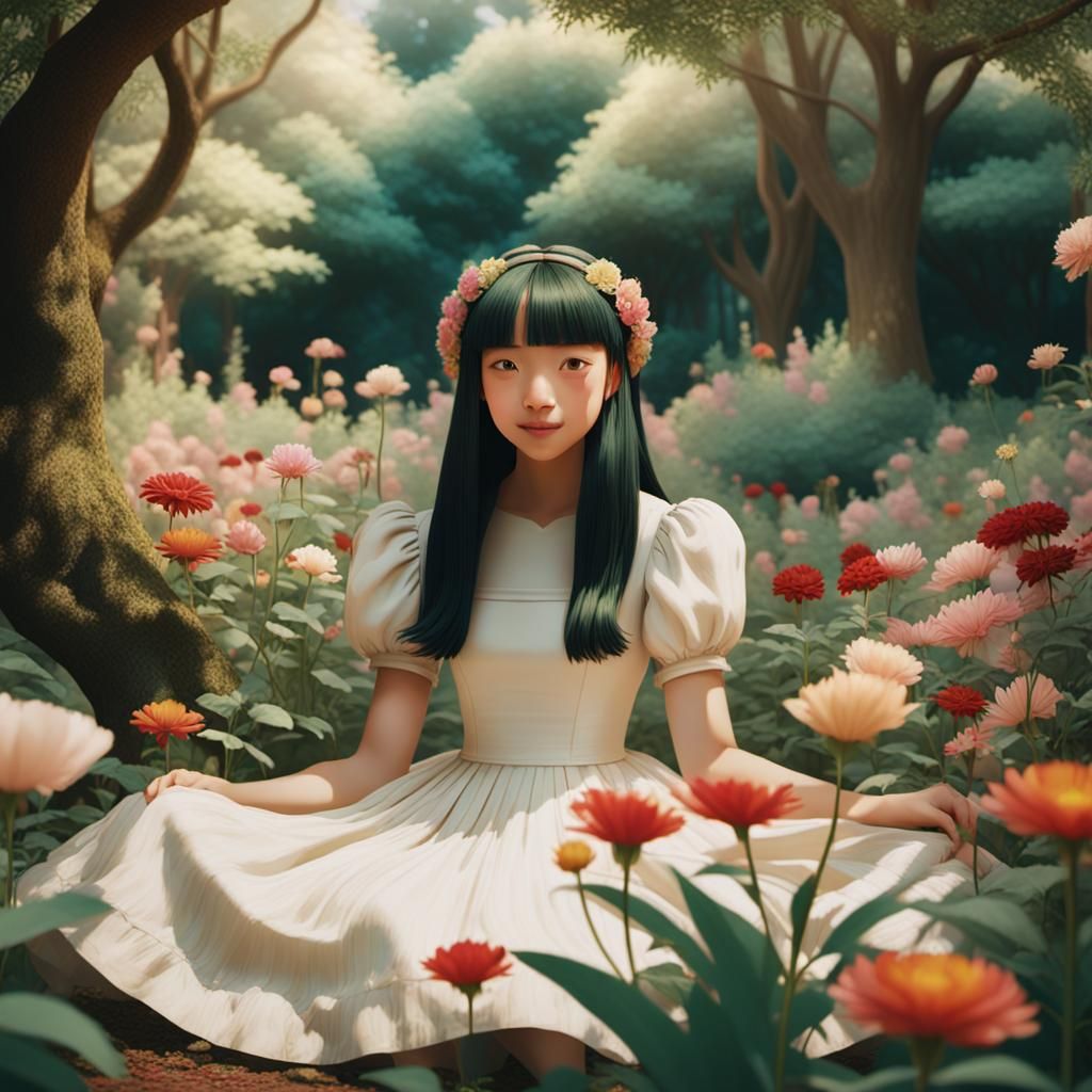 Princess in Garden: Miyazaki-Inspired Cinematic Film Still