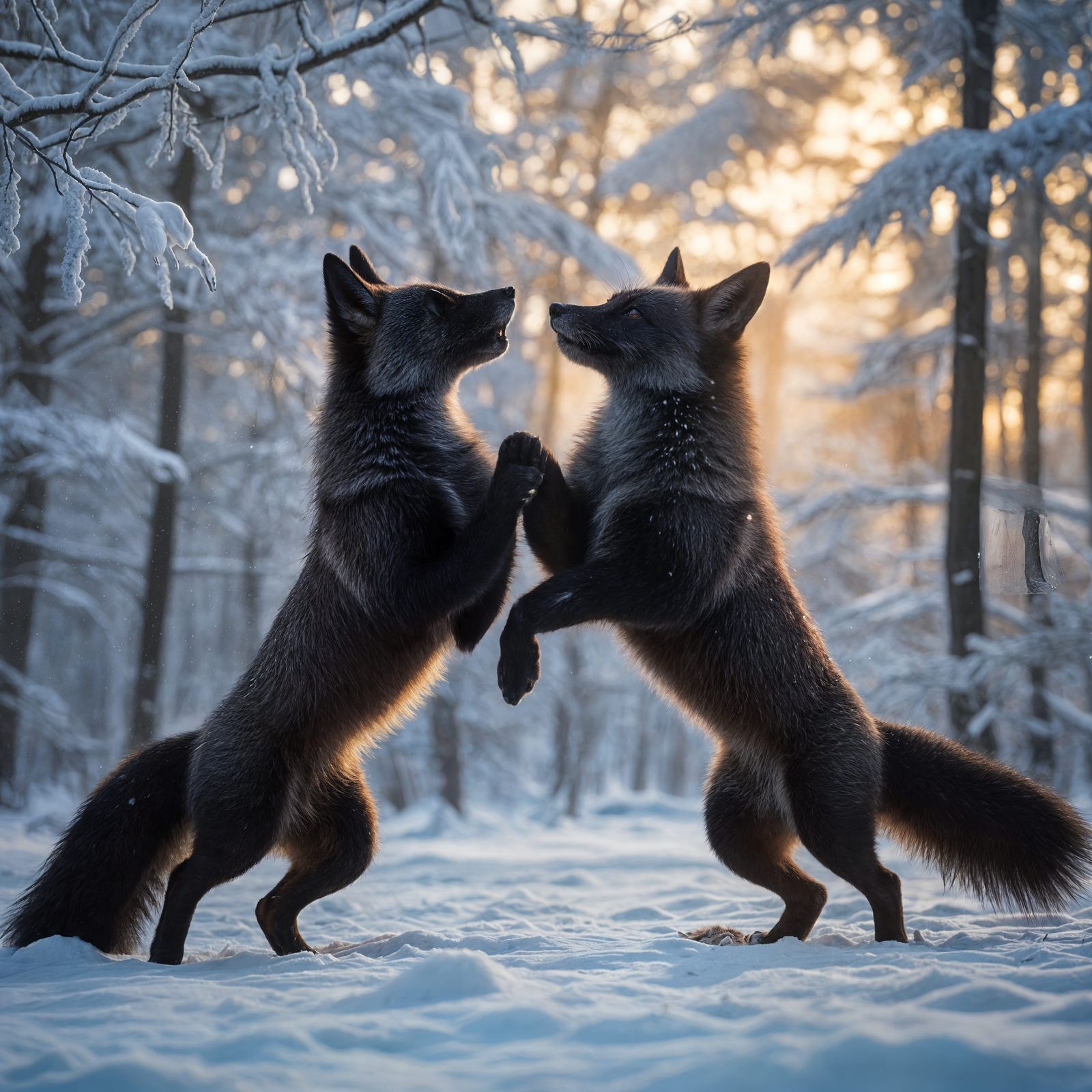 Majestic Black Foxes in Mid-Air, Winter Landscape