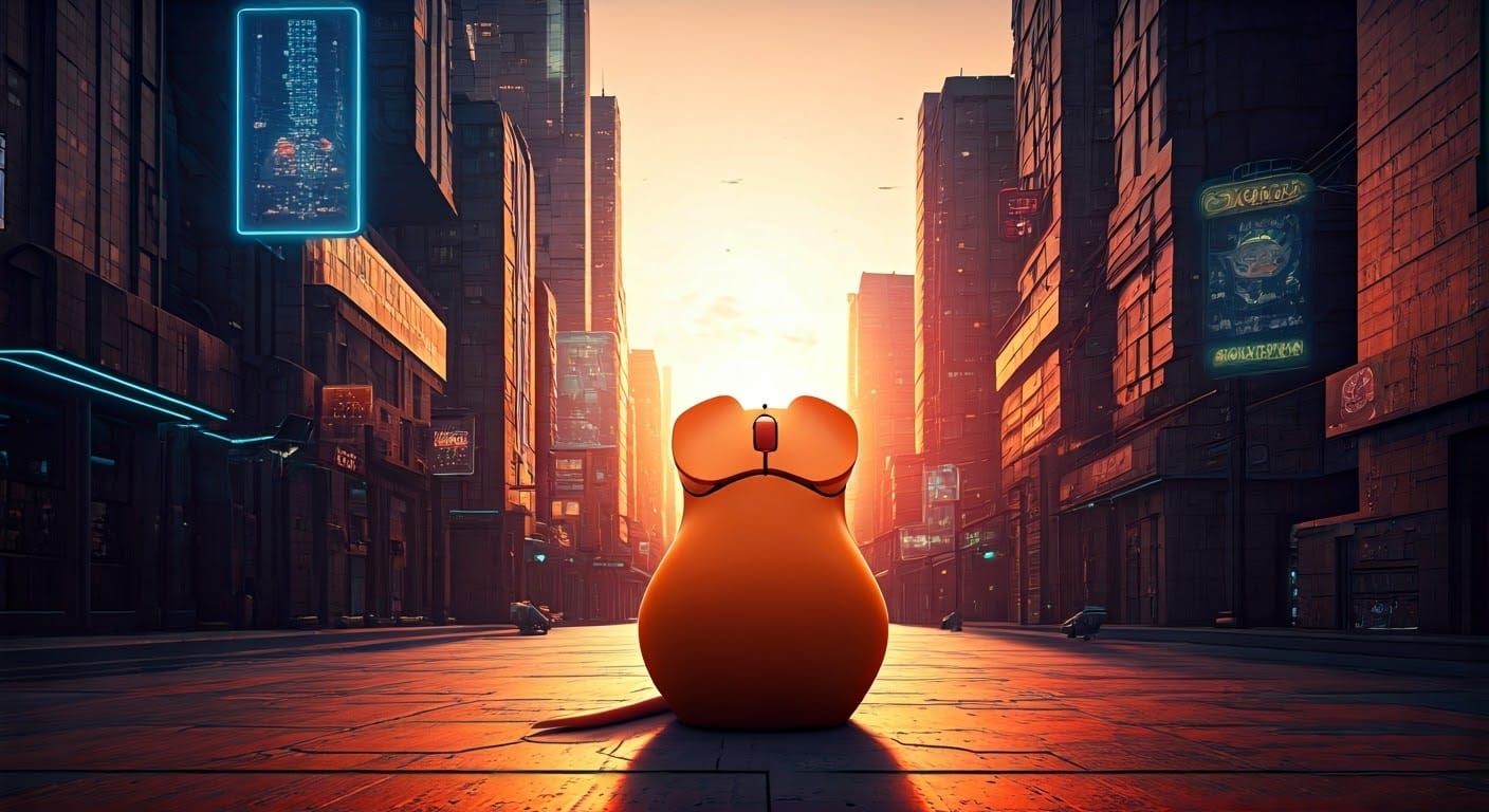 Orange Mouse in Futuristic Cityscape: Sci-Fi Art