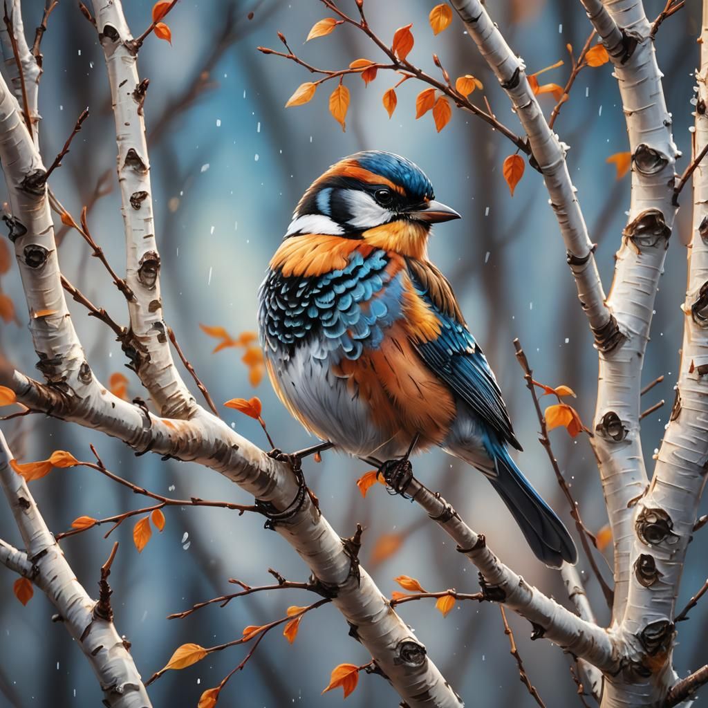 Hyperrealistic Bird on Birch Branch Concept Art