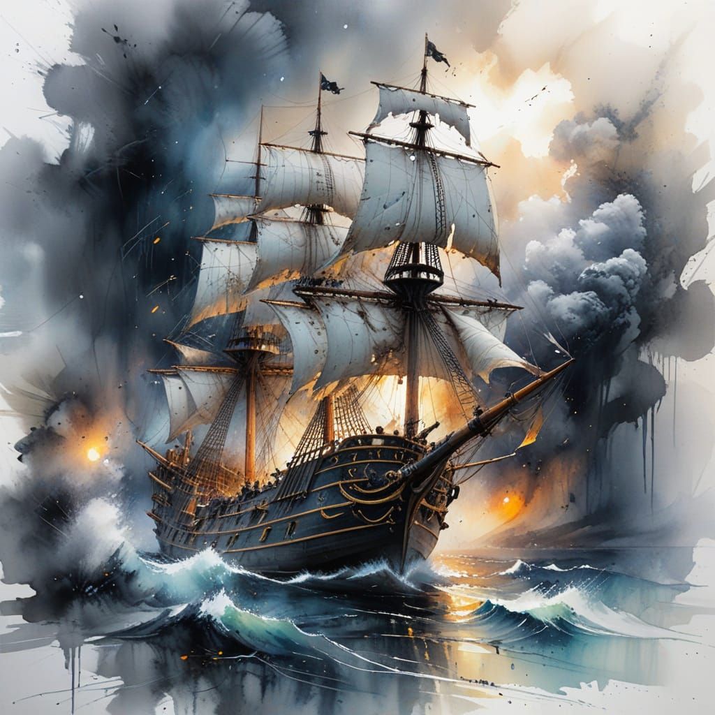Ethereal Pirate Ship in Midnight Storm
