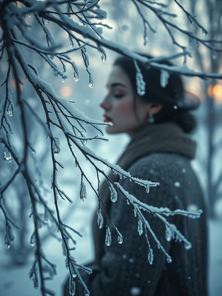Frozen Woman in Winter Landscape: Ethereal Double Exposure