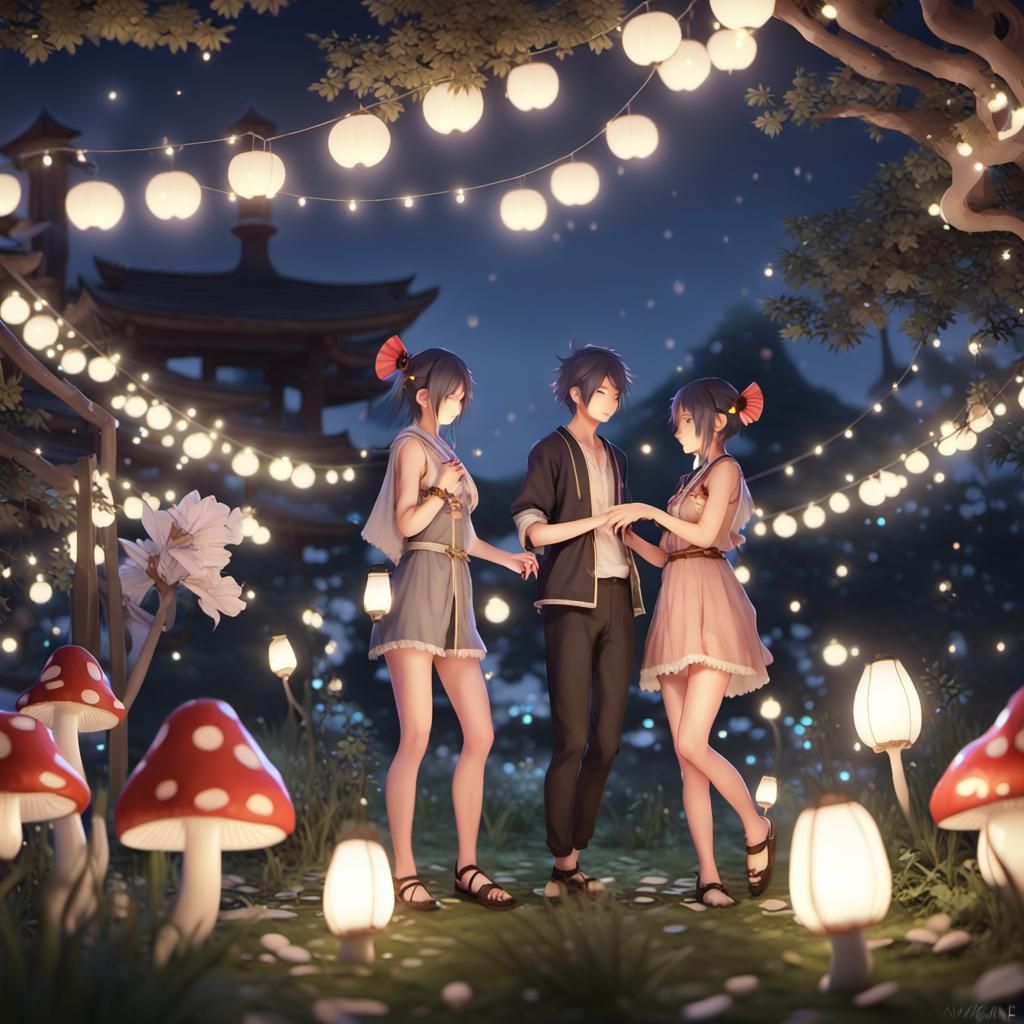 Japanese Couple Dancing at Night Garden Party