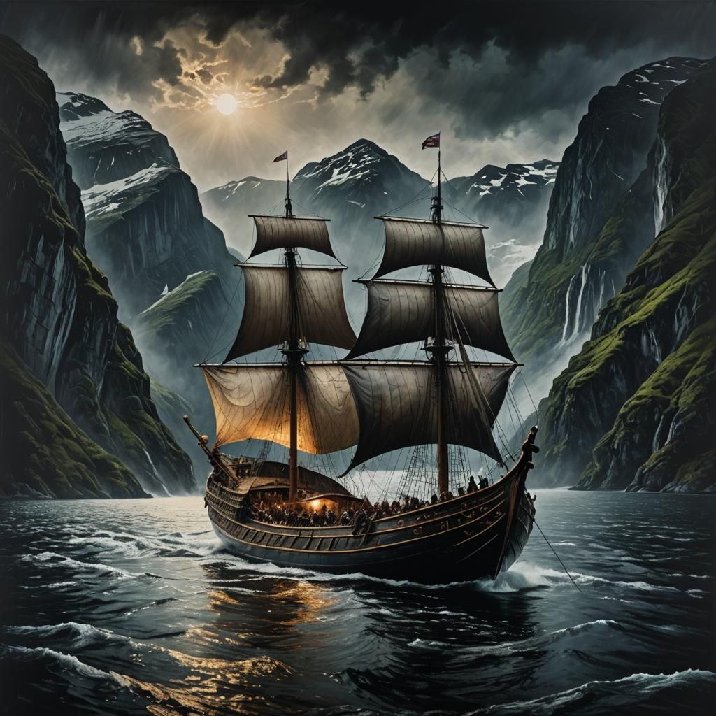 Incredibly elegant encaustic portrait of a Viking ship saili...