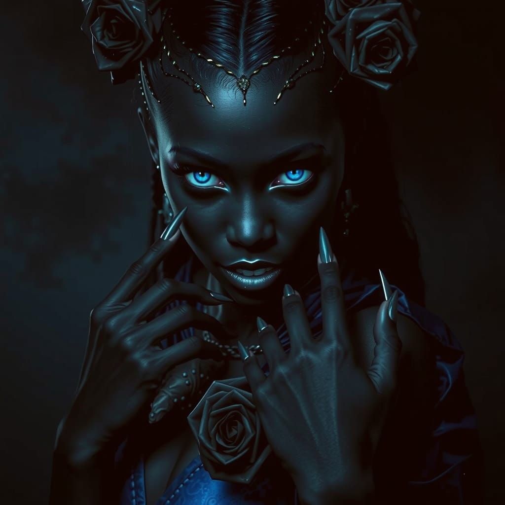 Dark Beauty with Rainbow Flame Eyes and Fangs in Neon Darkne...