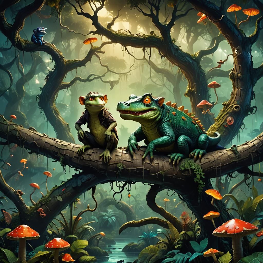 Crocodile Monkey in Mystical Jungle, Burtonesque Style