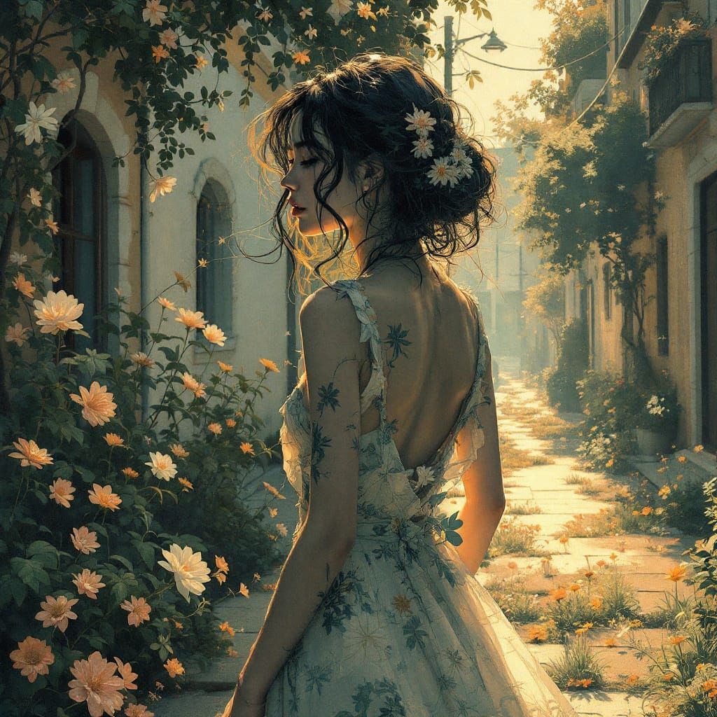 Elegant Woman on Quiet Street: Dreamlike Art