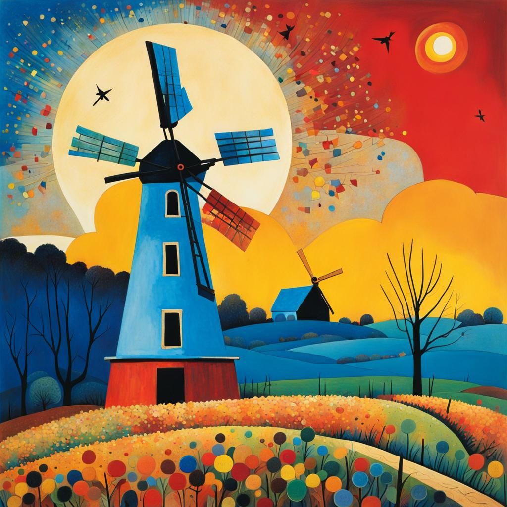 Autumn Windmill, Abstract Surrealist Landscape