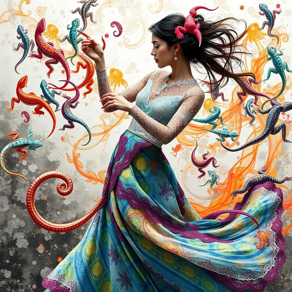 Woman Dancing in Embroidered Dress, Fluid Gouache Painting