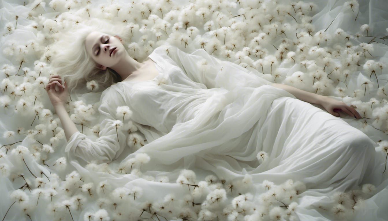 Ethereal White: Woman in Silk, Minimalist Dreamscape