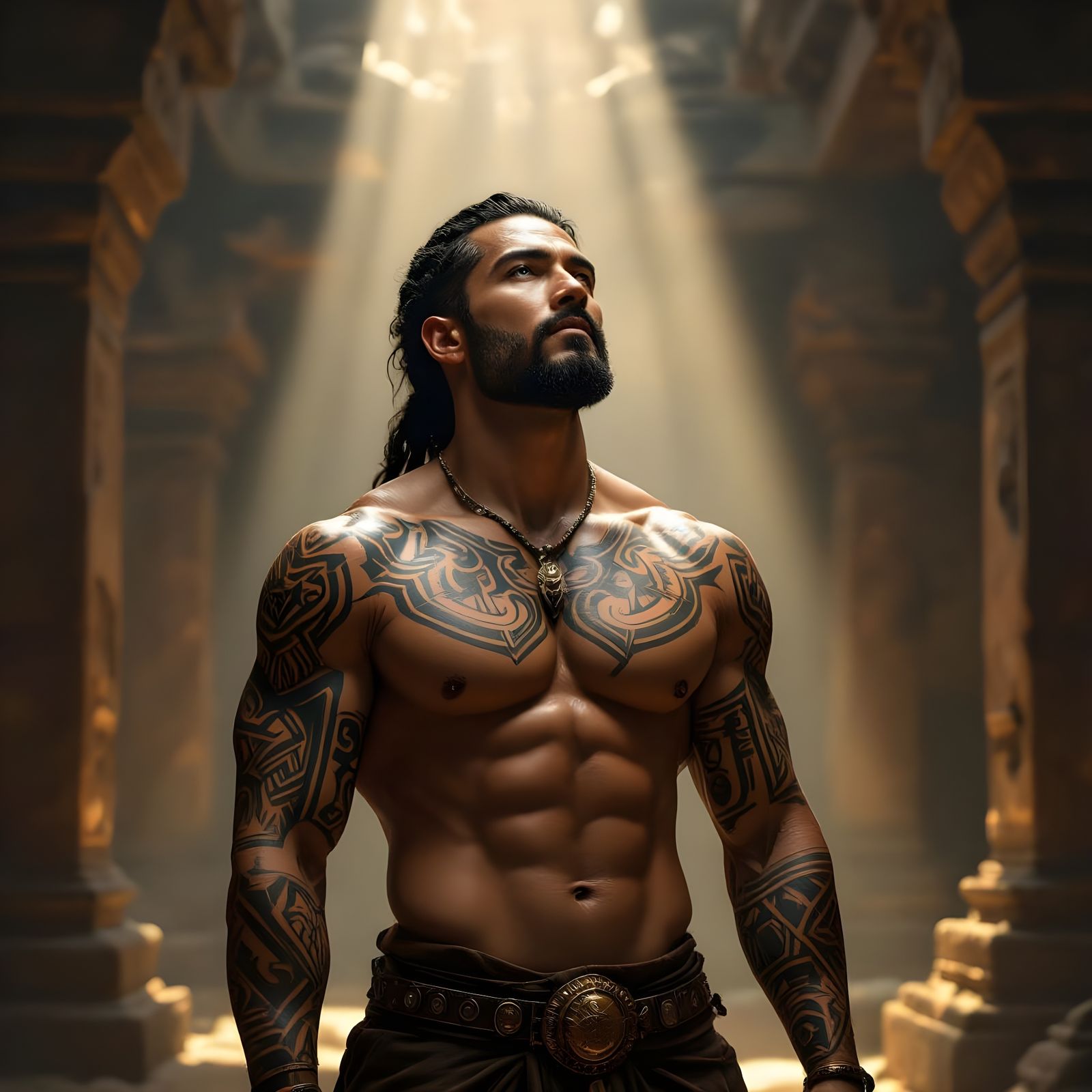 Meditative Man with Tattoos in Ancient Temple