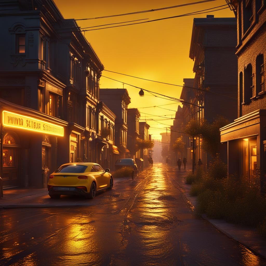 Neon-Lit Town Street at Sunset in Hyperrealism