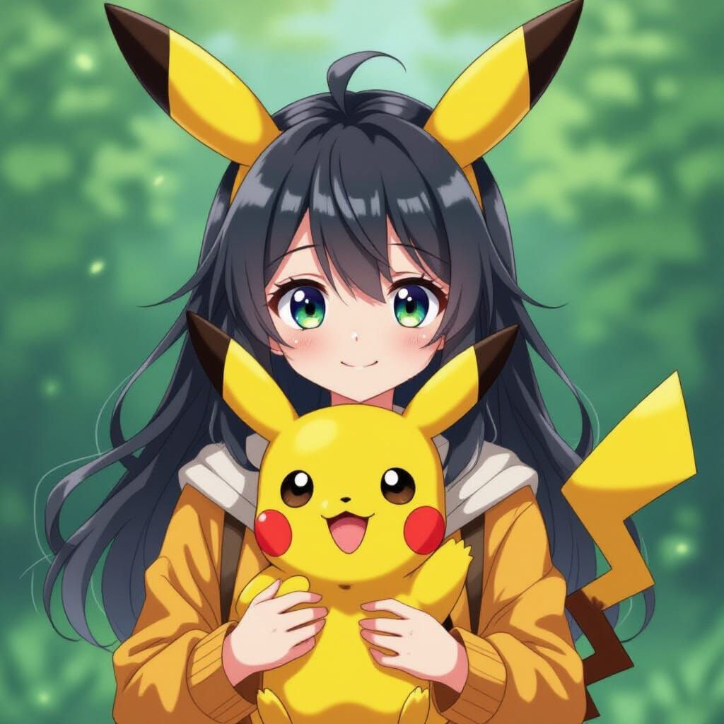 Anime Girl with Pikachu Ears and Plush Toy