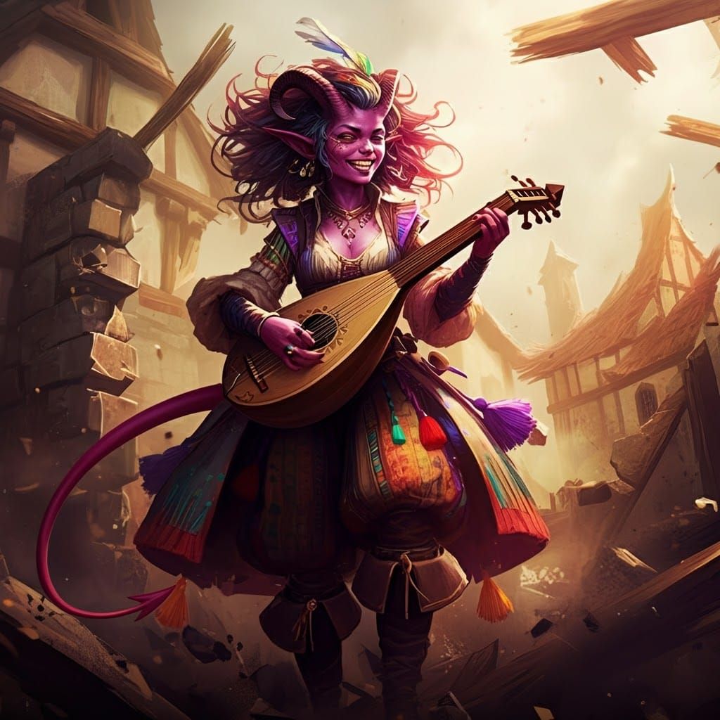 Tiefling Bard in Devastated Village, Digital Art