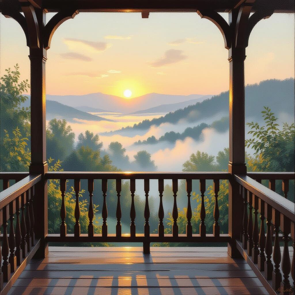 Misty Valley Sunrise From Wooden Porch Oil Painting