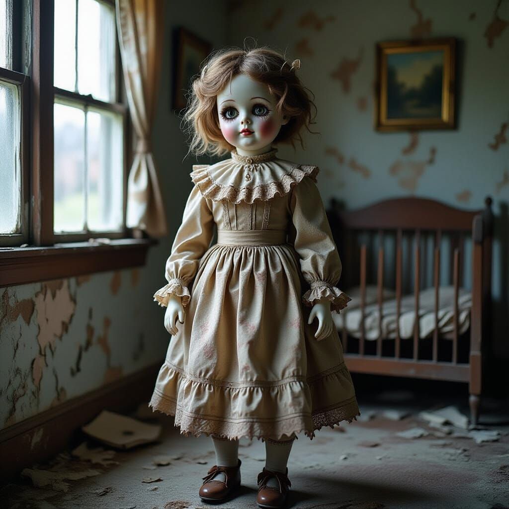 Eerie Porcelain Doll in Abandoned Nursery
