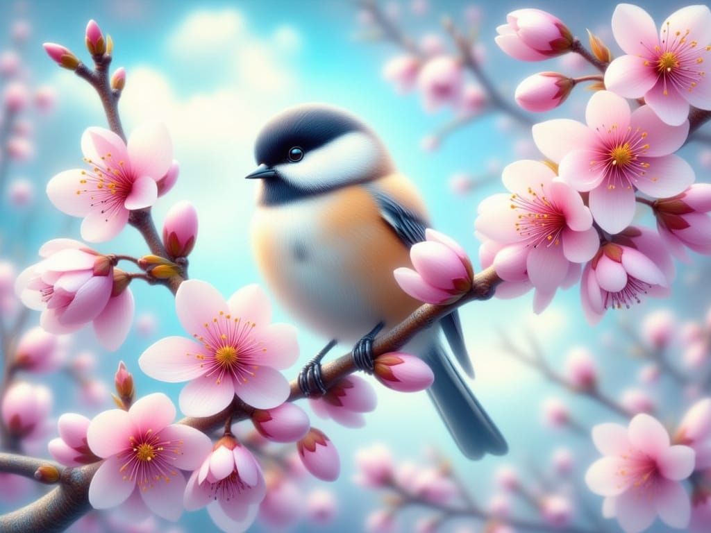 Delicate Cherry Blossom Chickadee in Vibrant Springtime