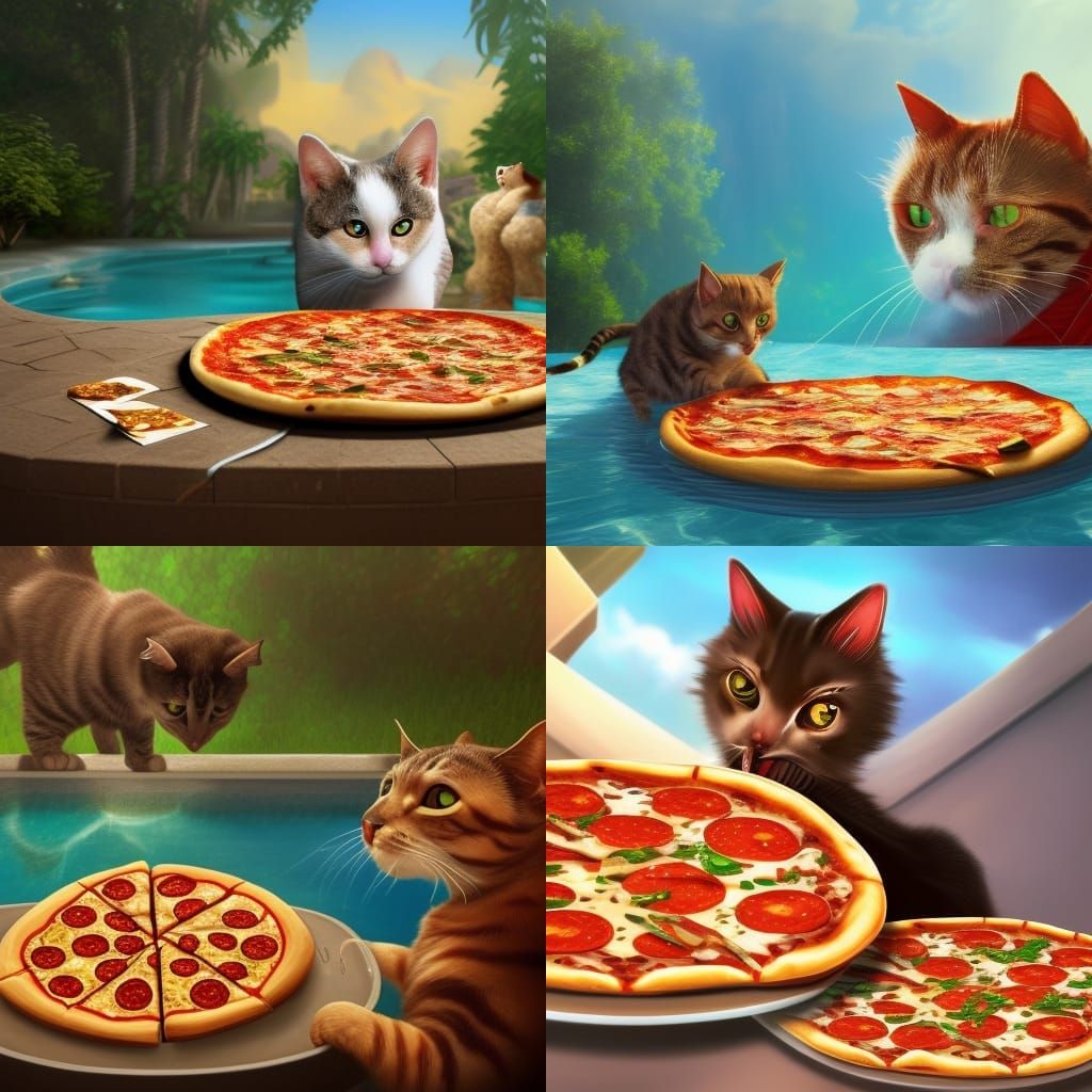 Cat Enjoys Pizza Poolside: Detailed Matte Painting
