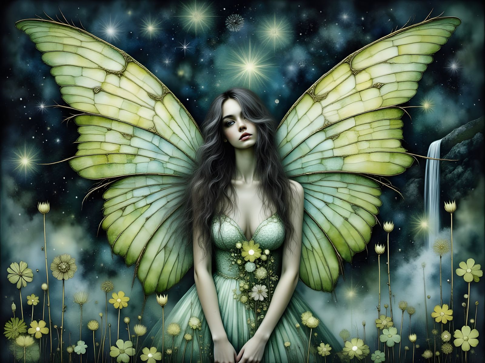 Fairy in Green Forest with Gothic Lace Details