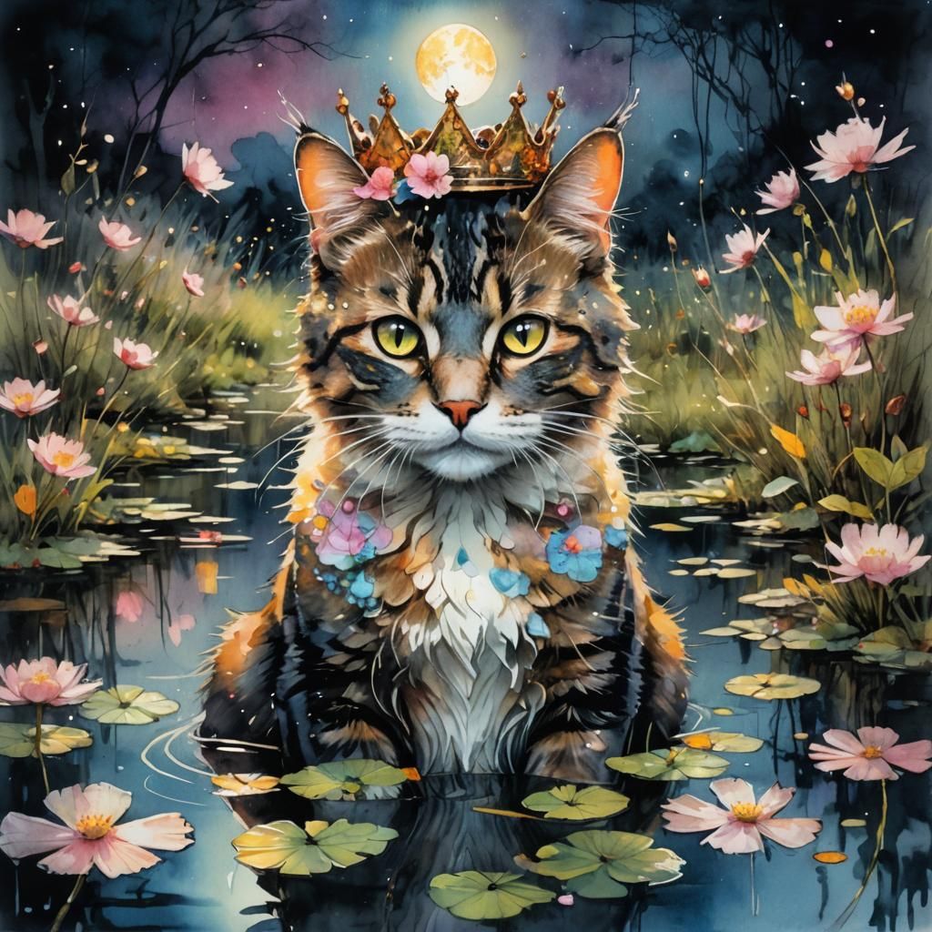 Cat in Double Exposure with Floral Crown, Watercolor Style