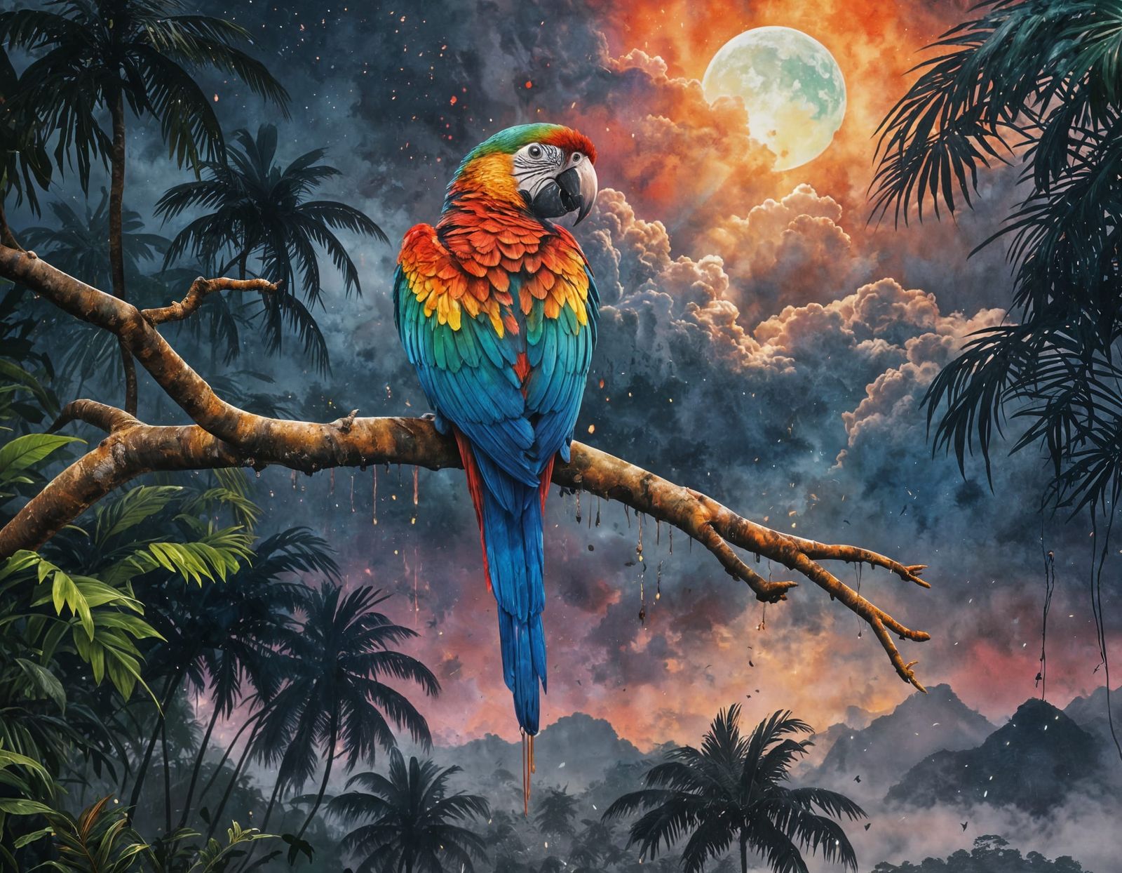 Macaw Parrot in Rainforest at Sunset: Watercolor