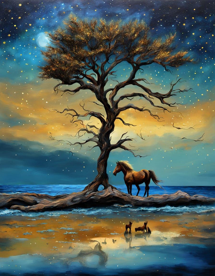 Golden Stars Over Beach with Wild Horses as Impasto Painting