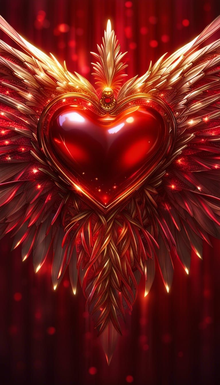 Red Glass Heart with Golden Wings: Fantasy Art