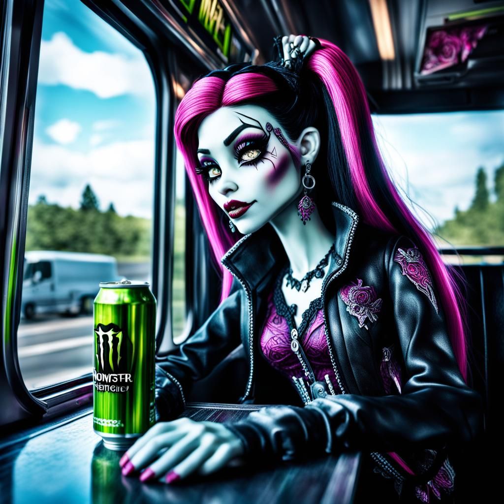 dark emo draculaura monster high drinking a monster energy drink on the bus looking out the window (fail?? table)
