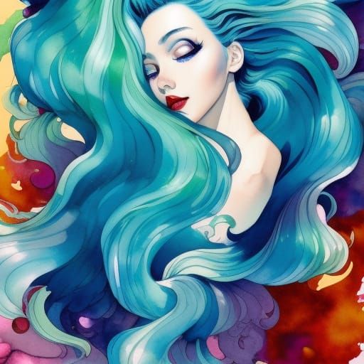 Wild Teal Hair as Gouache and Watercolor Painting