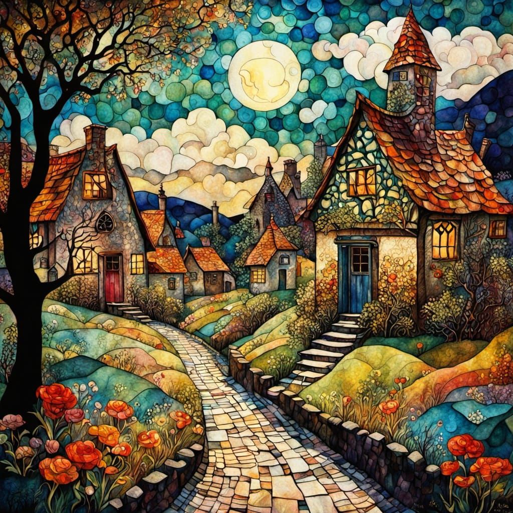 Surreal Quilted Village Illustration in Whimsical Fairytale ...