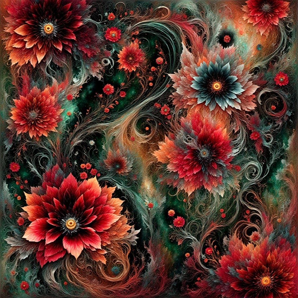 Swirling Floral Fantasy Landscape with Lace Pattern
