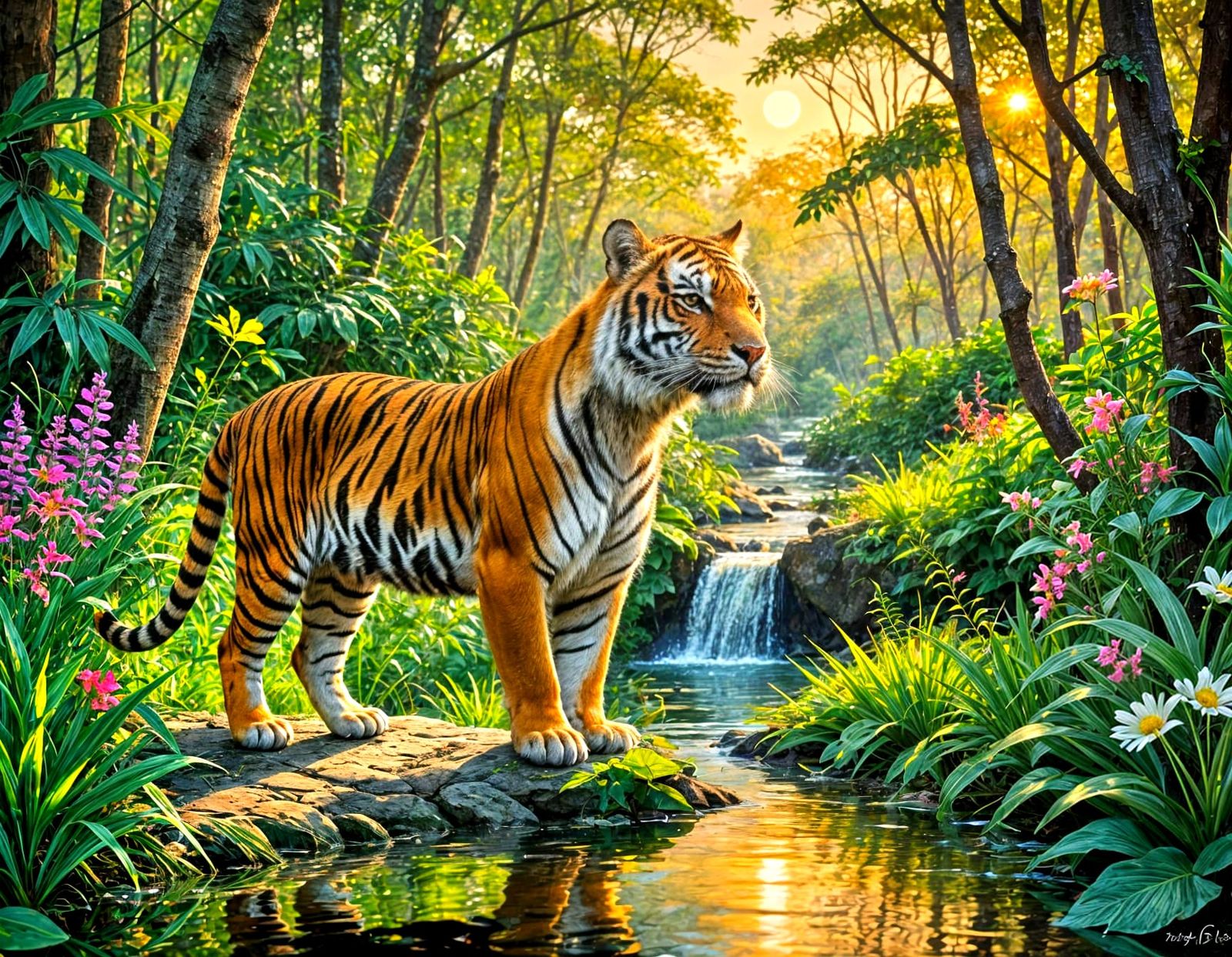 Majestic Tigers in Vibrant Jungle and Meadow Settings