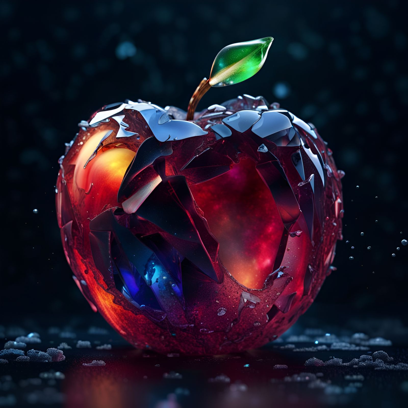 Crystal Apple Shard Explosion on Dark Background
