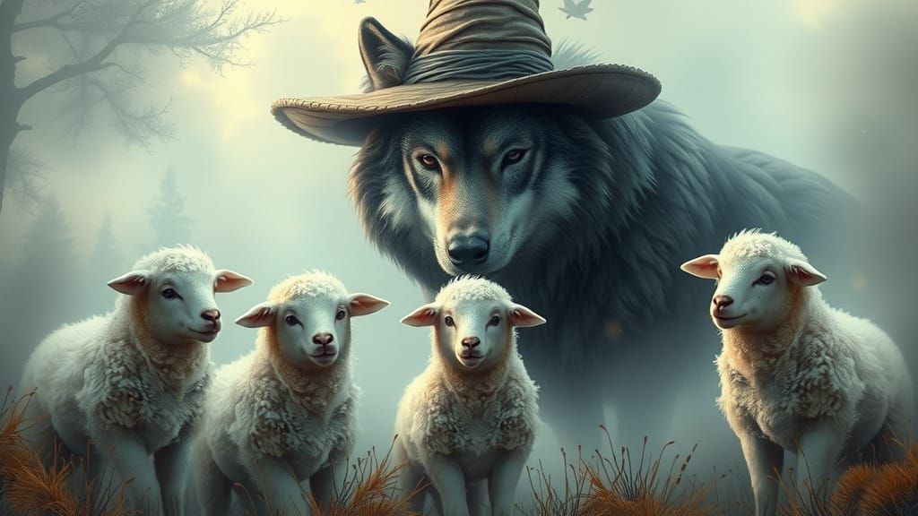 Lambs Face Wolf in Ethereal Dreamscape