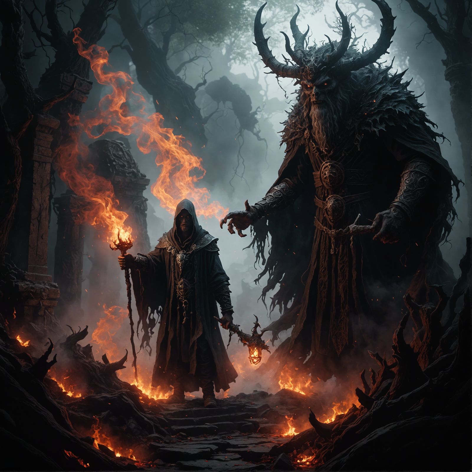 Druid Faces Demon of Mist and Ash