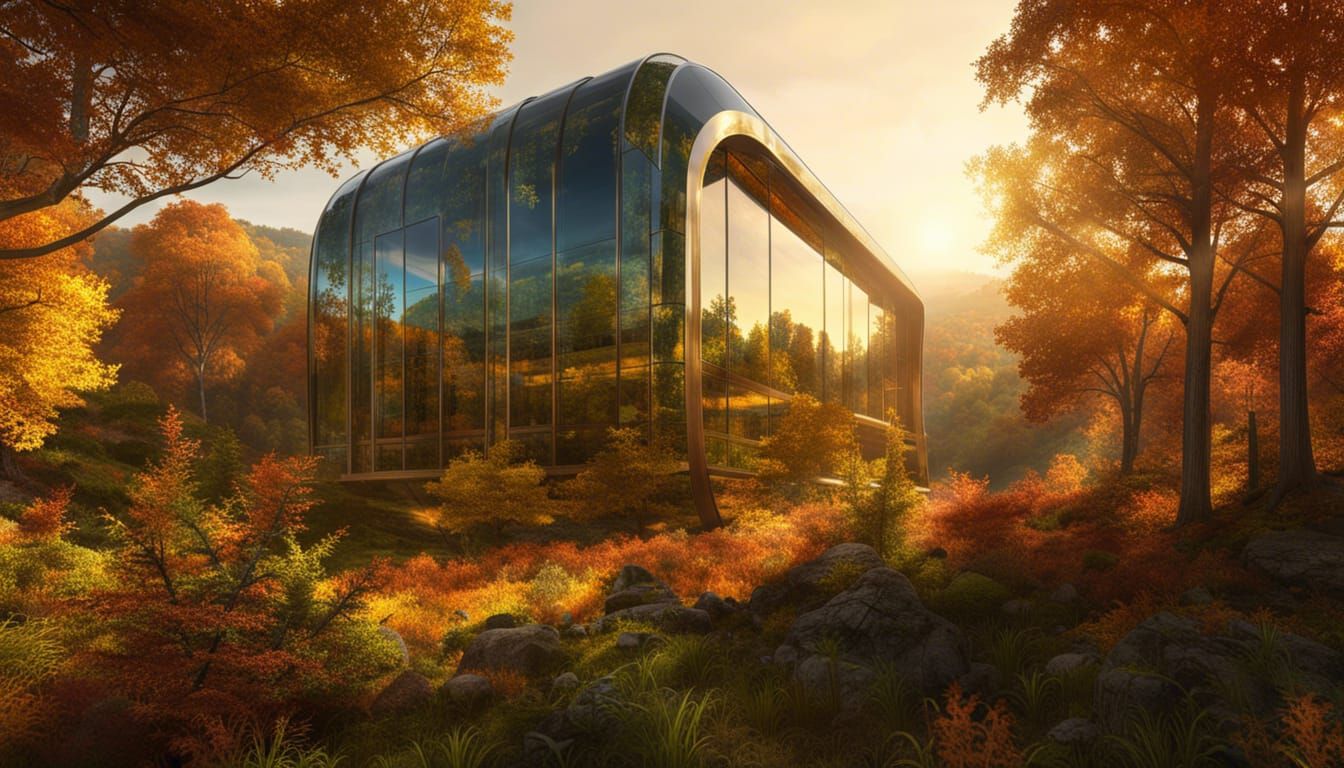 Futuristic Glass Castle in Autumn Forest Valley