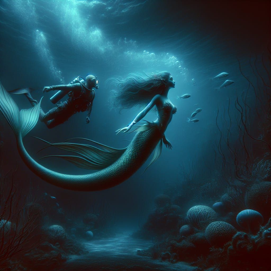 Ominous Mermaid and Diver in Deep Ocean, Matte Painting