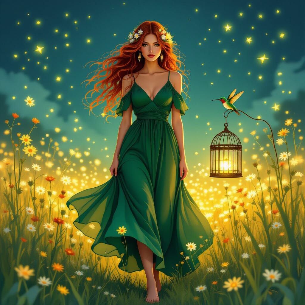 Bohemian Woman in Firefly Field: Ethereal Art