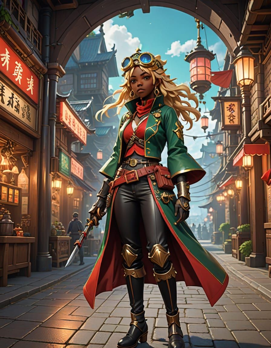 Steampunk Engineer Girl in Vibrant Japanese Pirate Attire