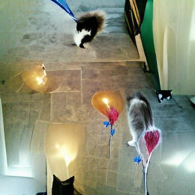 Fluffy the cat and Gondor the kitten bringing birthday balloons to my Lady.
