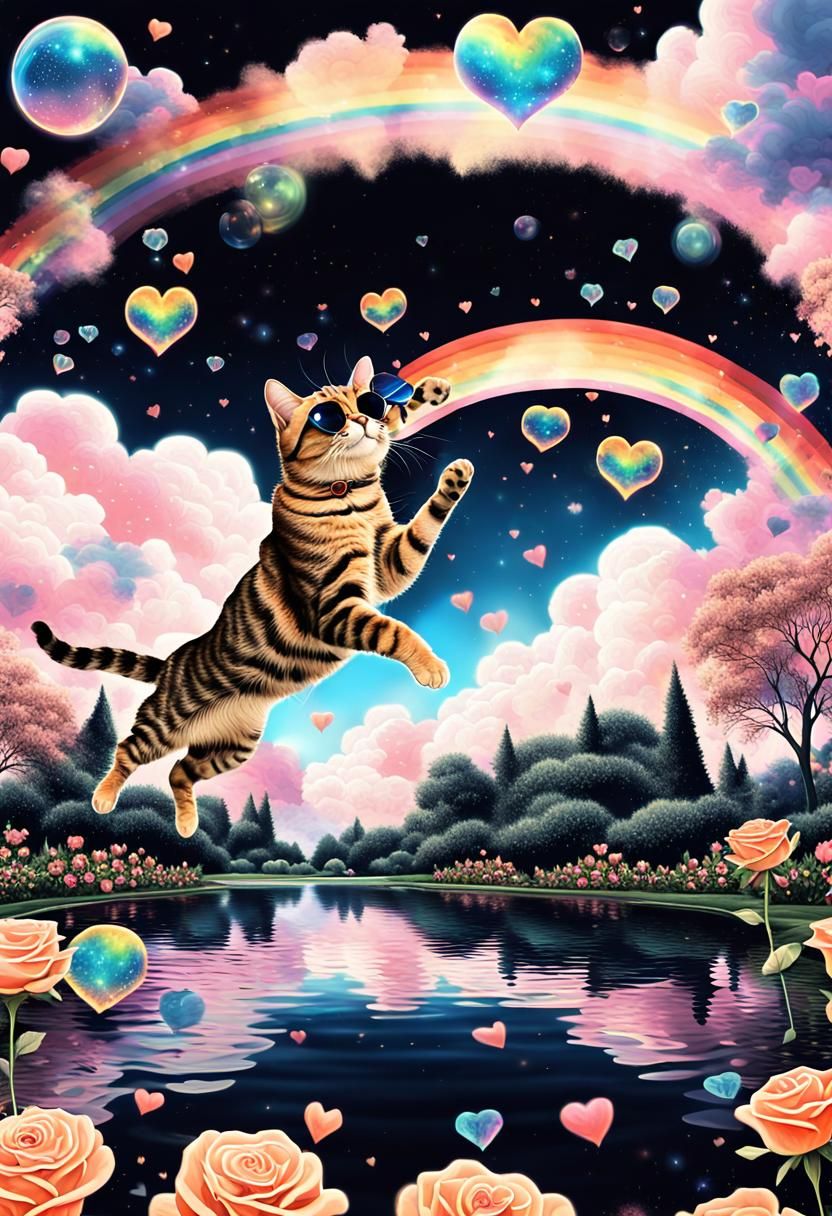 Tabby Cat in Sunglasses Leaping in Mystical Garden