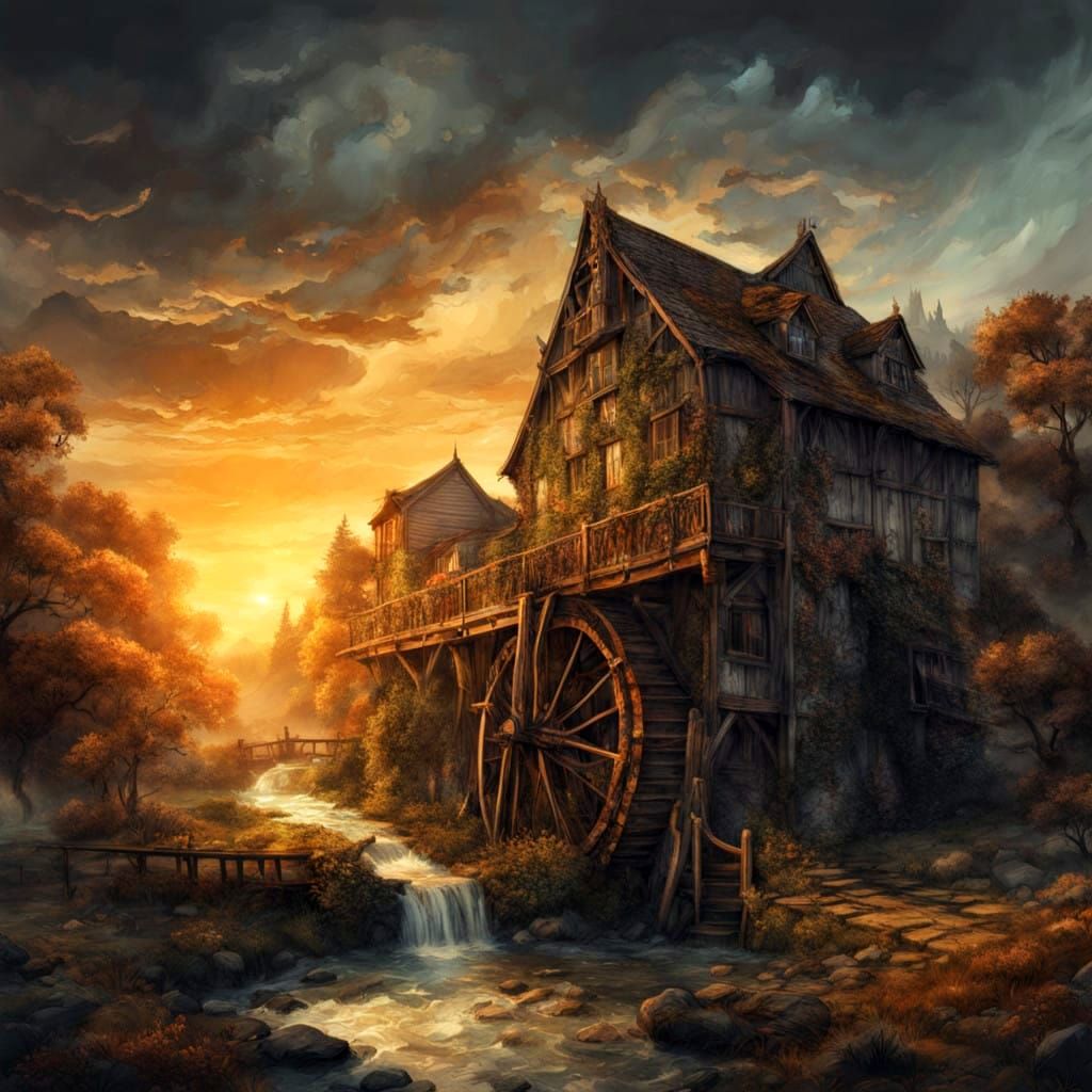 Mystical Watermill in Whimsical Evening Haze